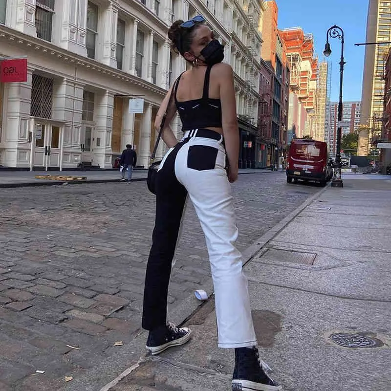 Women Bicolor Black White Jeans Patchwork High Waist Fashion Streetwear Denim Pants Straight Trousers Casual Cargo 210517