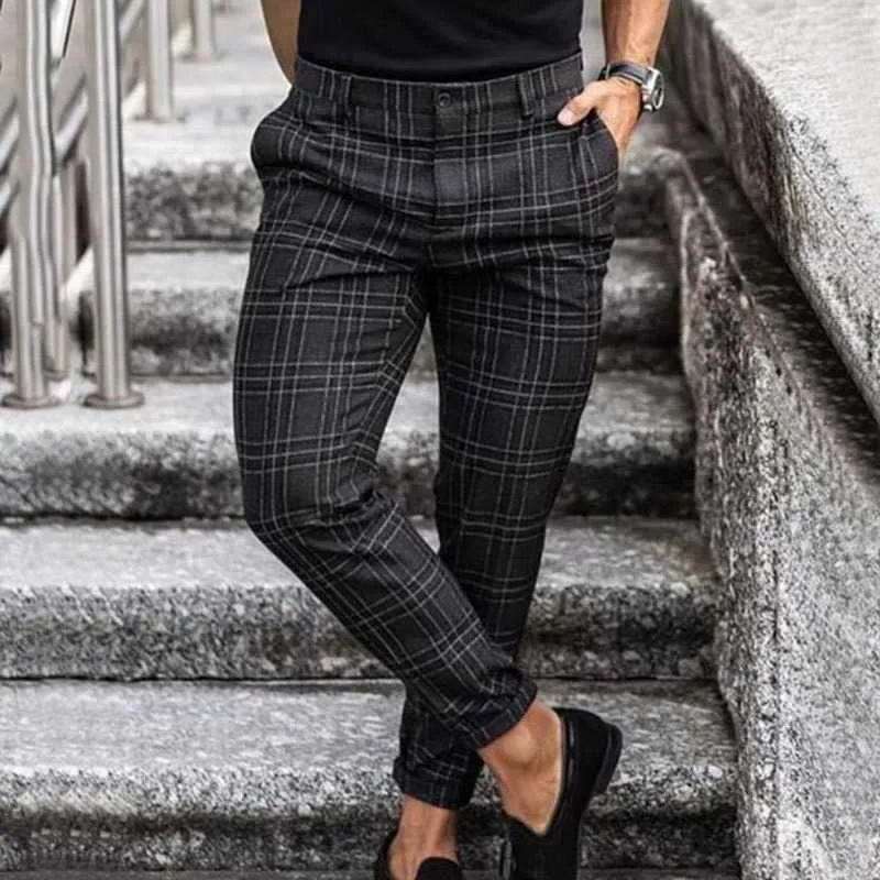 Męskie spodnie Casual Spodnie Skinny Stretch Chinos Slim Fit Spodnie Plaid Sprawdź Mężczyzna 210715