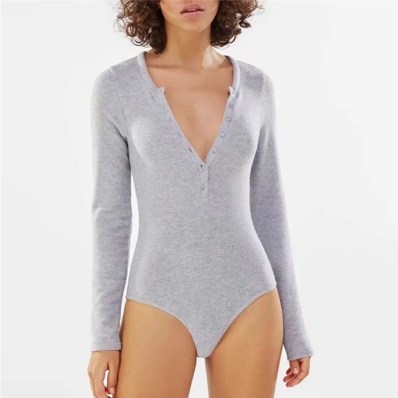 Elegant Women Grey Slim Rompers Fashion Ladies Solid Soft Romper Causal Female Chic Cotton Full Sleeve Bodysuits 210427