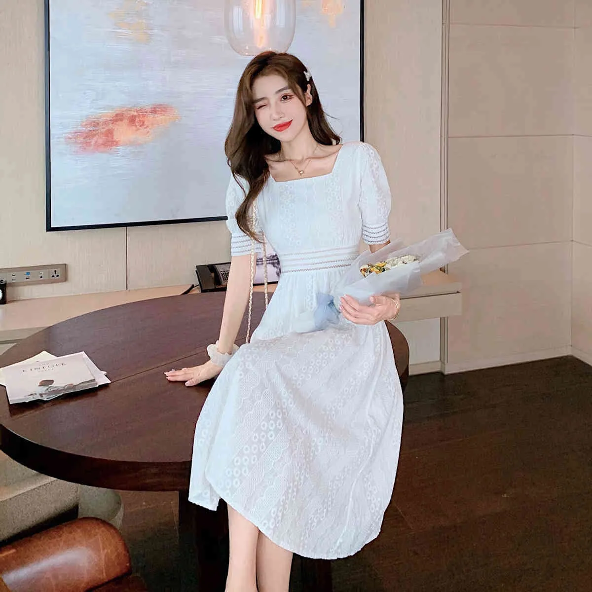 Kvinnors sommar Korea Chic White Lace Puff Sleeve Square Collar Sweet Slim Hight Waist Temperament Midi Dresses Kläder 210514