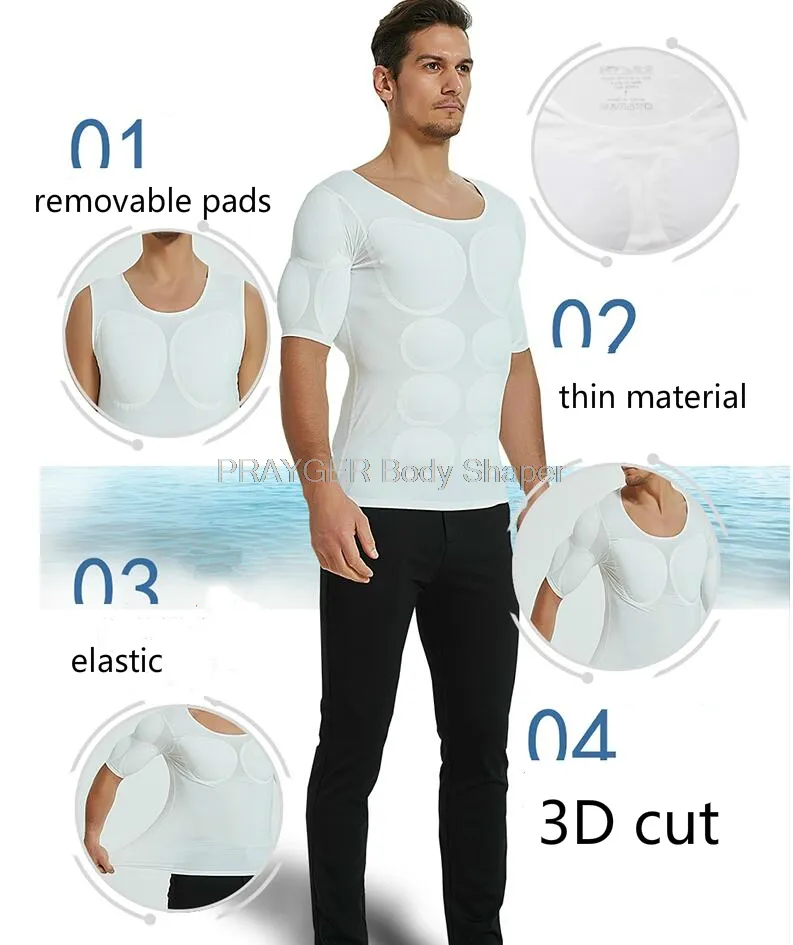 Modelador de músculos abs falsos, 8 pacotes, roupa íntima pec acolchoada, camisas masculinas, peito forte, estômago, corpo, tops191s