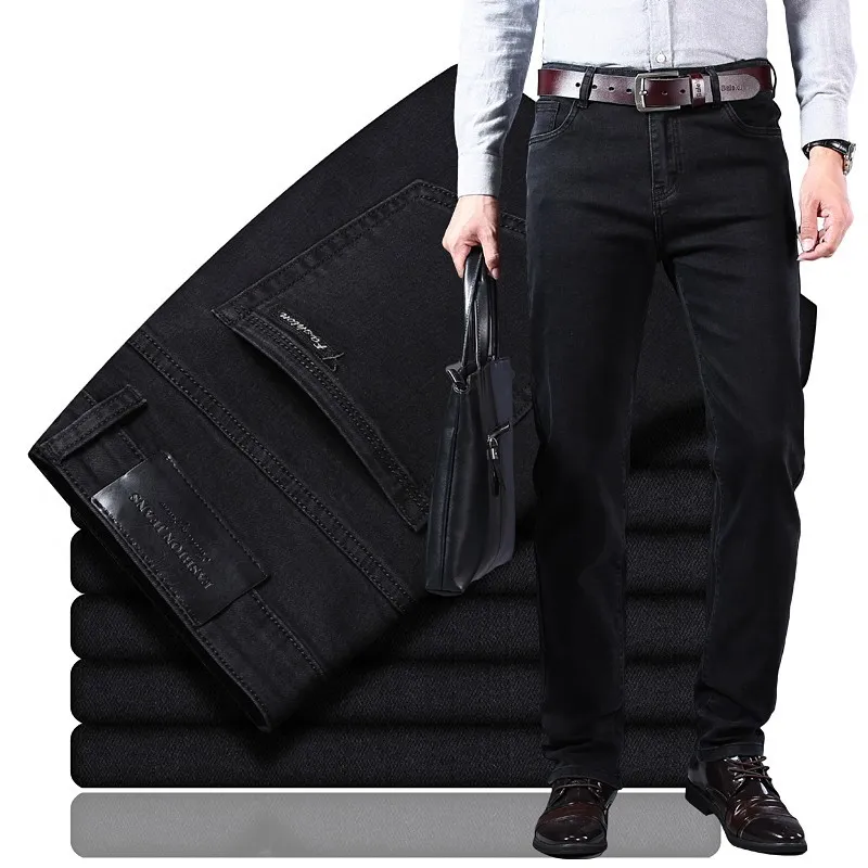 Business Fashion Stretch Denim Classic Style Men's regular Fit Stragith Jeans Jean calças machos azul e preto 210318