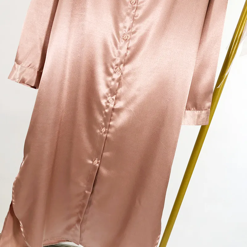 Spring Automne Vintage Rose Satin Shirt Robe Femme Femme Robe Lâche Dames à manches longues élégantes Robes Maxi Vestidos 210514