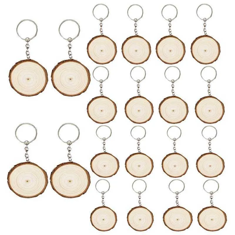 -nyckelringar med etiketter Nyckelringar Runda Träringar Blank nyckelkedja för DIY Craft Hang Taggar H0915