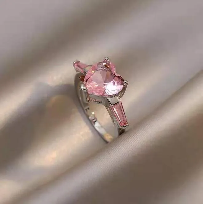 Ins słodkie urocze pierścionki ślubne biżuteria 925 srebrne srebrne napełnij kształt serca różowy topaz cZ diamentowe kamienie obiecują wieczność337r