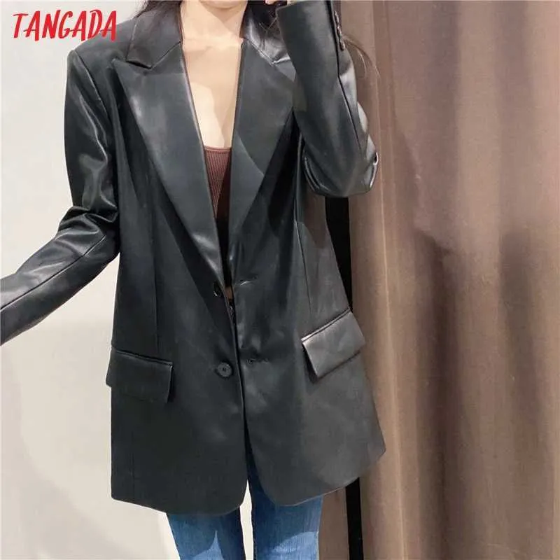 Tangadaの女性の黒いフェイクレザーブレザーコートヴィンテージノッチカラー長袖ファッション女性ルーズシックトップスQN37 211006