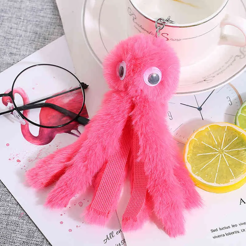Cute Octopus chains Women Pompom Artificial Rex Rabbit Fur Soft Cool Car Ring Fluffy Creative Key Chain Girls Gift