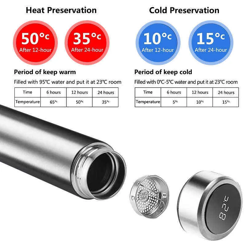 LCD Temperature Display Thermos 500ML Water Bottle Stainless Steel Smart Vacuum Insulated Flasks Leak Proof Keep & Cold Gym 211109