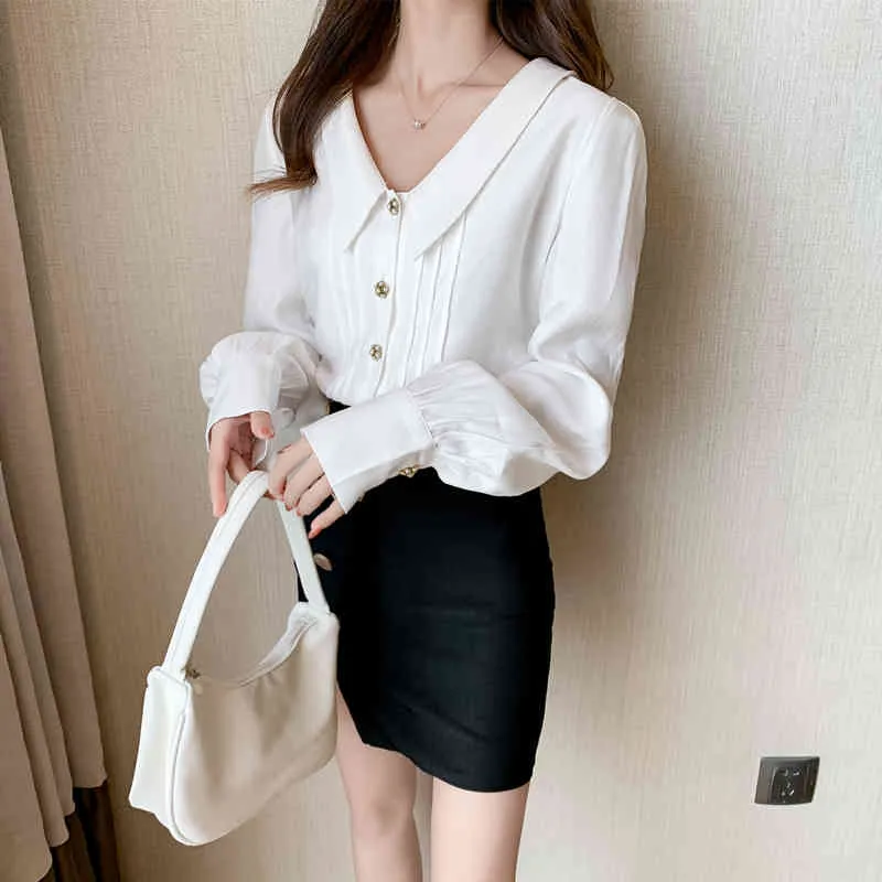 Mode bureau bouton Up chemise blanche femmes automne à manches longues haut Cardigan élégant Blouse Blusas De Mujer 10576 210512