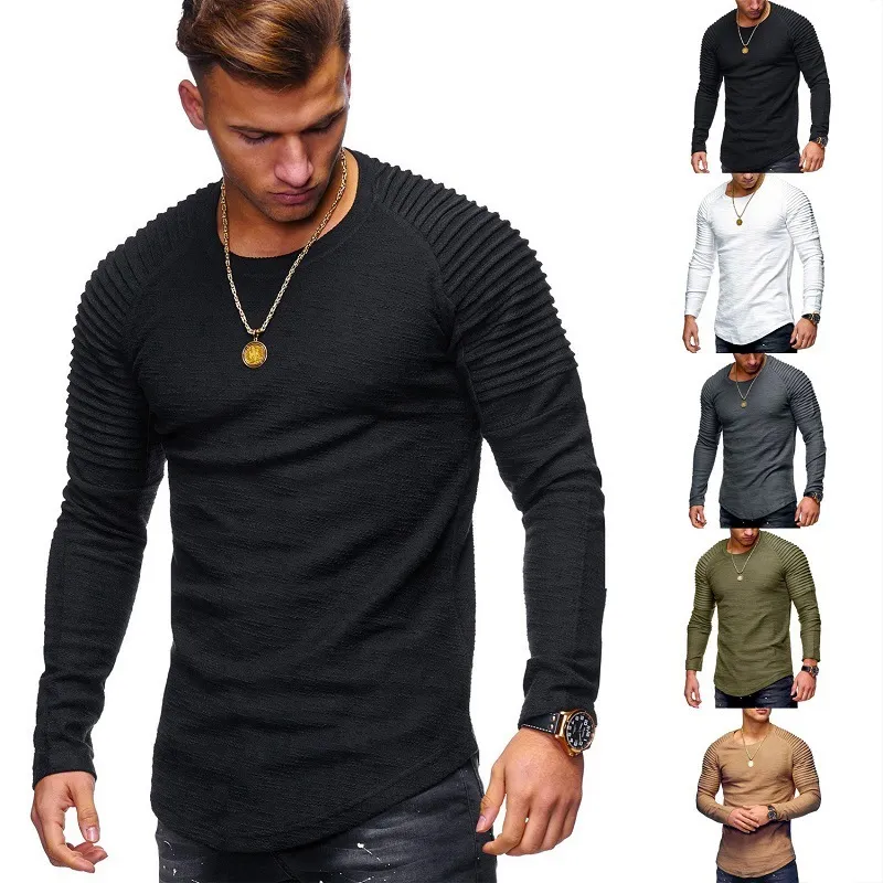 T-shirts pour hommes chauds plissés froissés Slim Fit O cou à manches longues Muscle solide décontracté hauts chemises été basique Tee nouveaux hommes vêtements Y0323