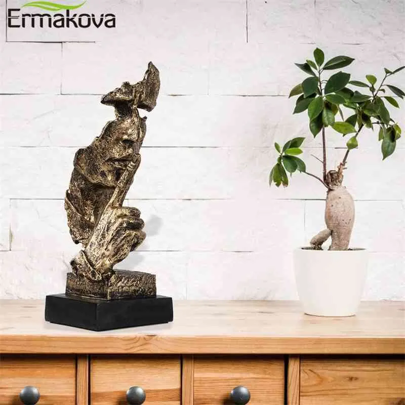 Ermakova abstrato silêncio é dourado estatueta 35cm resina mão rosto silencioso homem estátua escultura escritório em casa sala de estar decoração 22338