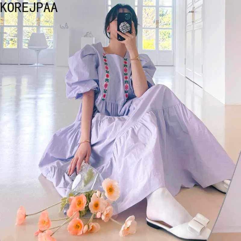 Korejpaa Women Dress Korean Chic Summer Casual Square Collar Small Flower Stitching Loose Pleated Dress Long Vestido 210526