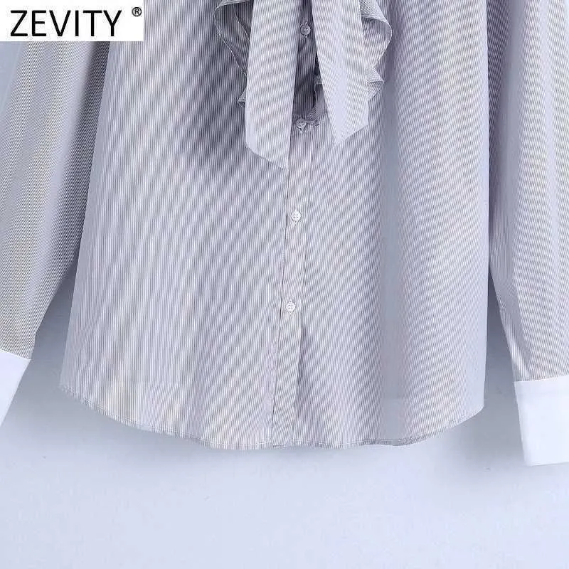 Zevity Frauen Süße Schleife Gebunden Rüschen Deocraion Streifen Hemden Büro Damen Patchwork Casual Roupas Chic Femininas Tops LS7389 210603