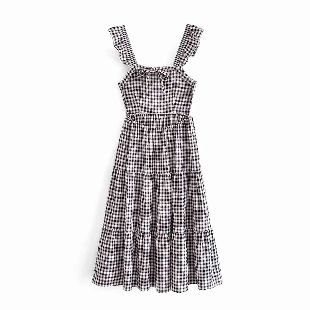 Summer Dress Plaid Casual es Black Sexy Spaghetti Strap Maxi Sundress Women's Fashion Ruffle Check Vestidos 210520