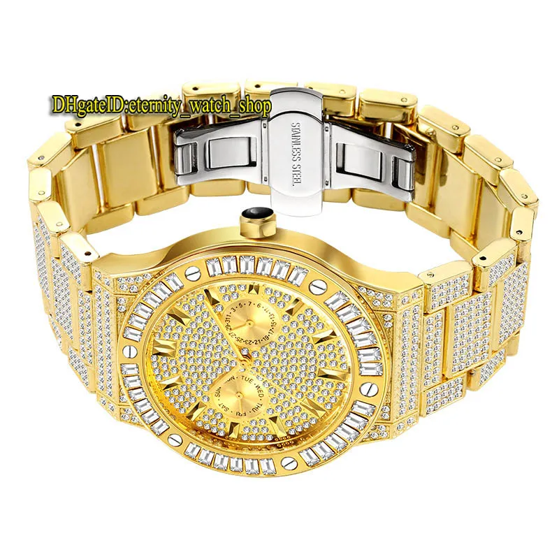 Missfox eternidade v316 hip hop moda relógios masculinos cz diamante inlay dial movimento de quartzo relógio masculino congelado grandes diamantes moldura all226v
