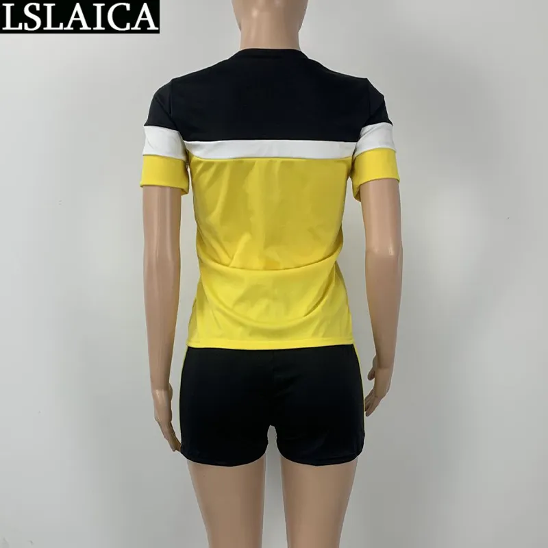 Träningsset Kvinnor Sommar Kortärmad T-shirtshorts ColorBlock Sticka Kvinnors Suits Slim Fashion Sport Fitness Suit med Shorts 210515