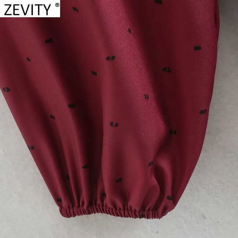 Zevity Women Sweet Vネックレースアッププリントプリーツミニドレス女性長袖カジュアルシックなヴェスティドレディース服DS4958 210603