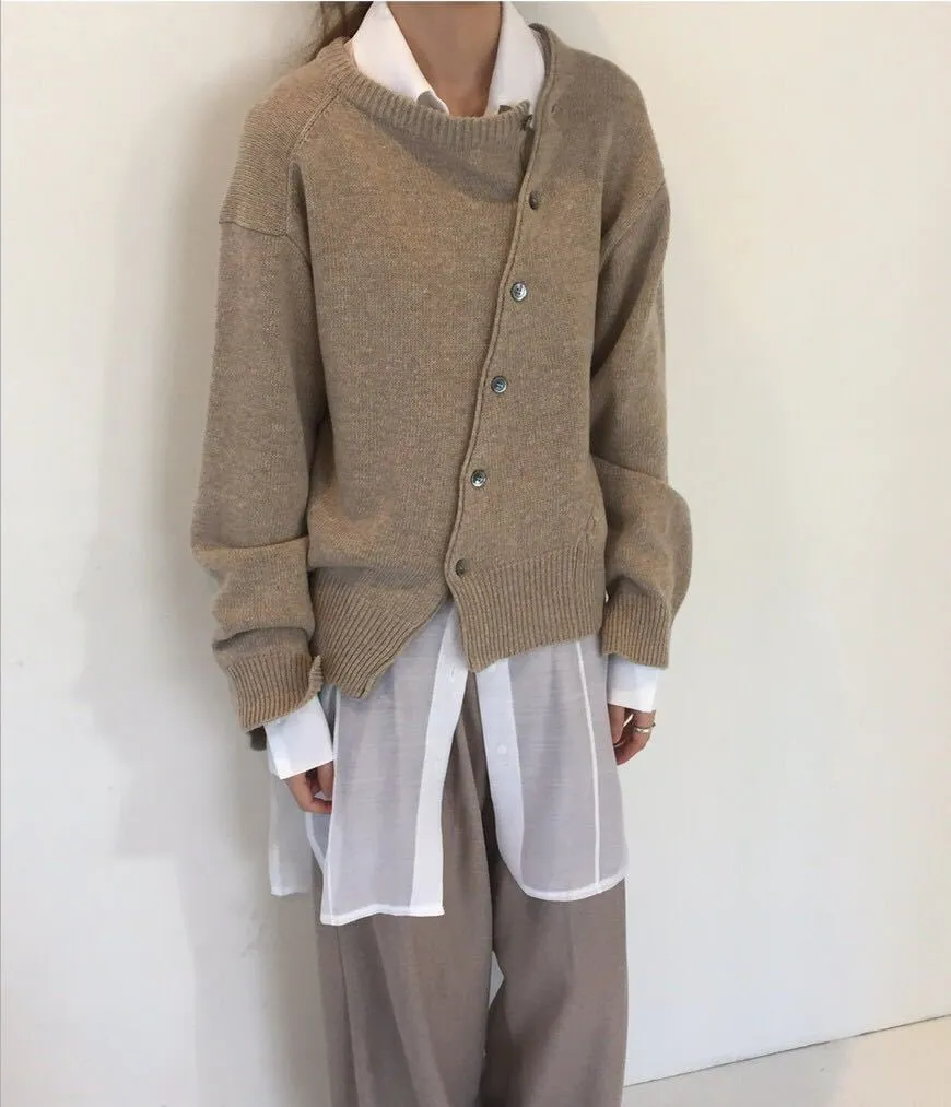 Moda mujer suéter primavera y otoño hebilla oblicua diseño irregular cardigan de punto perezoso 210520