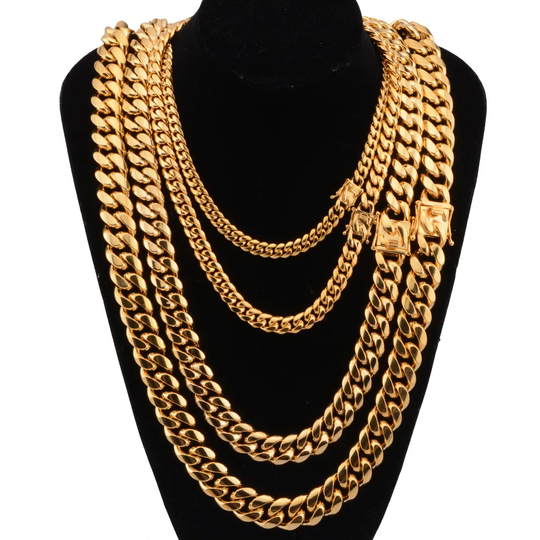 8mm 10mm 12mm 14mm 16mm Miami Cuban Link Chains Stainless Steel Mens 14K Gold Chains High Polished Punk Curb Necklaces Mens Jewelr235n