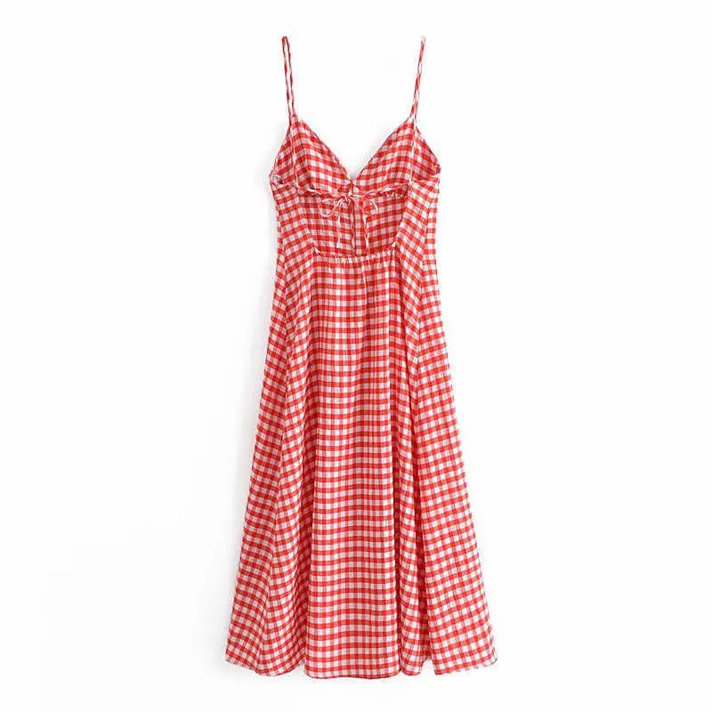 Za Strappy Gingham Sommarklänning Kvinnor Plaid Ärmlös Baklösa Sexiga Party Klänningar Kvinna Spaghetti Straps Mini Röd Klänning 210602