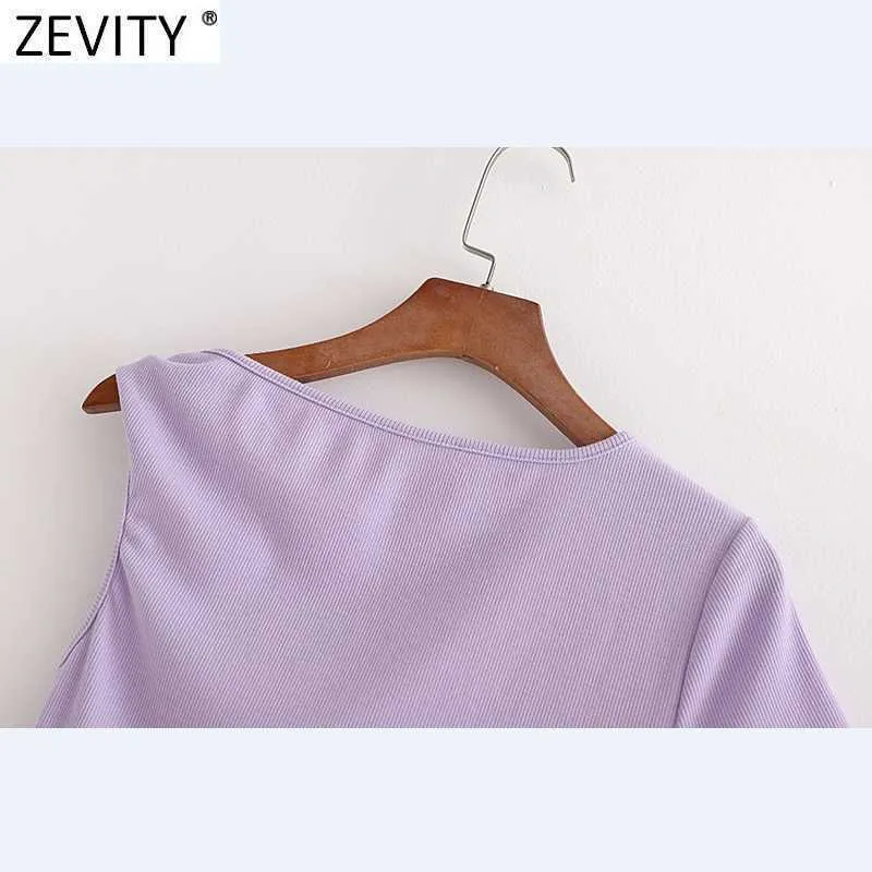 Zevity Women Sexy Solid Collor Singel Kortärmad Asymmetrisk Kort T-shirt Kvinna Chic Design Basic Summer Crop Tops LS9060 210603