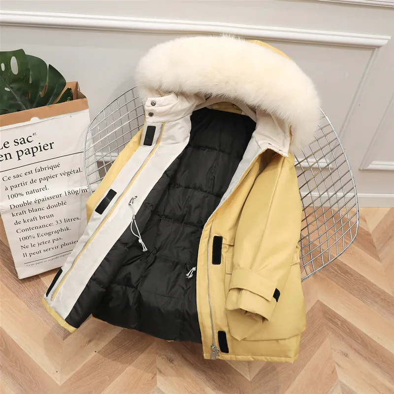 Мода негабаритные шикарные пальто с капюшоном зима повседневная свободная большая кармана белая утка пуховик женщин средний длинный меховой воротник 210520