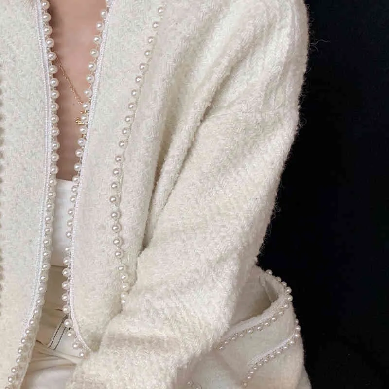 Blanc Tweed Femmes Perles Veste Automne/Hiver Manteau De Laine Dames Lâche Laine Classique Chaquetas De Mujer 210520