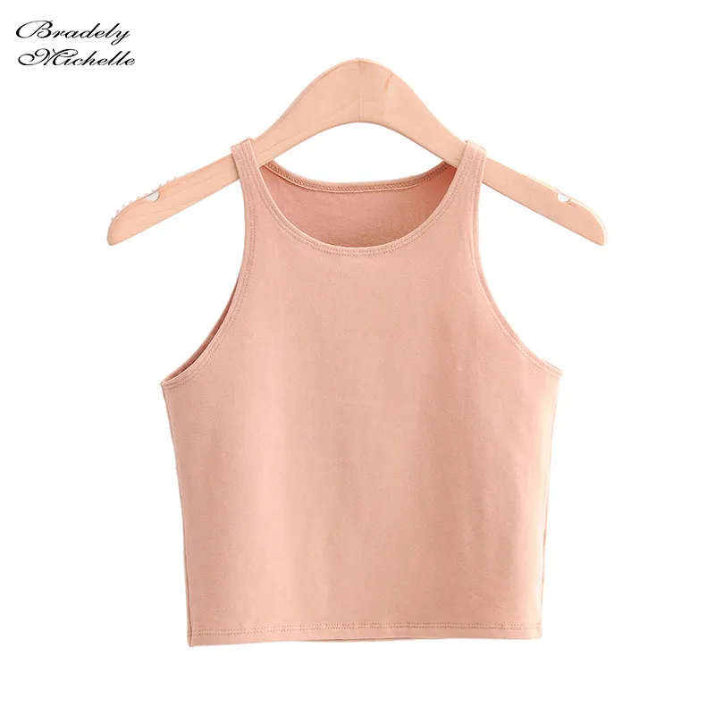 Bradely Michelle Lato Sexy Damska Streetwear Crop Top Elastyczna Bawełniana Bez Rękawów O-Neck Solidna Krótki Tank Bar 210322