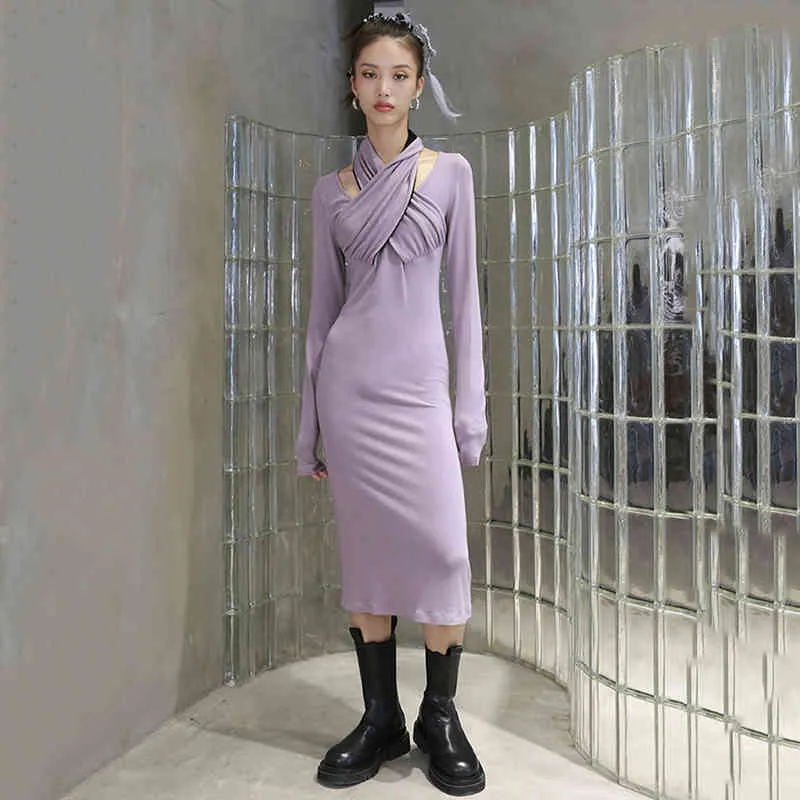[EAM] Women Purple Knot Knitting Elegant Long Dress V-Neck Long Sleeve Loose Fit Fashion Spring Autumn 1DD0243 21512