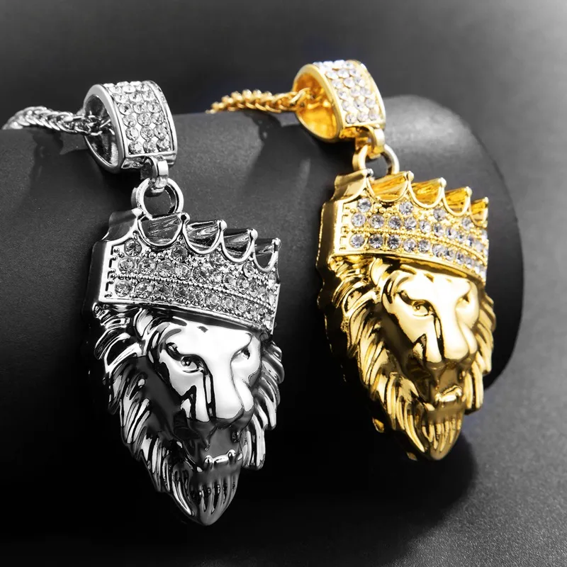رجال الهيب هوب الذهب سلسلة الوصلة الكوبية الأسد كينج كراون تاج قلادة أزياء المجوهرات 158 ج