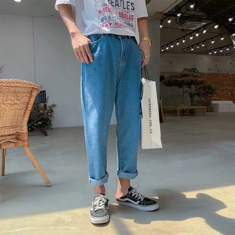 Toptan 2020 Yaz Hong Kong Tarzı Kot erkek Kore Gevşek Düz Denim Pantolon erkek Retro Geniş Bacak Ayak Bileği Uzunluğu Kot Erkekler X0621