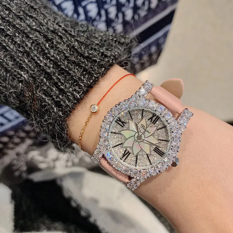 2 storlekar sparkly crystals klockor för kvinnor vintage romersk klänning smycken titta vattentät äkta läderband armband quartz