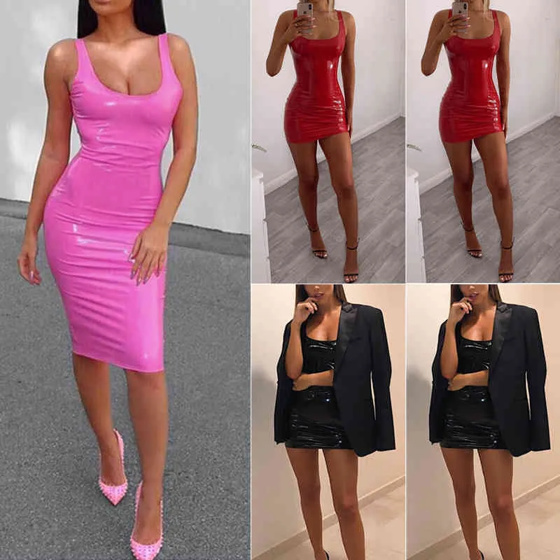 Kvinnor Pennklänning Sommarmode Sexig Dam PU-läderbandage Bodycon-rem Ärmlös Party Mini Svart Rosa Röd Clubwear 210522