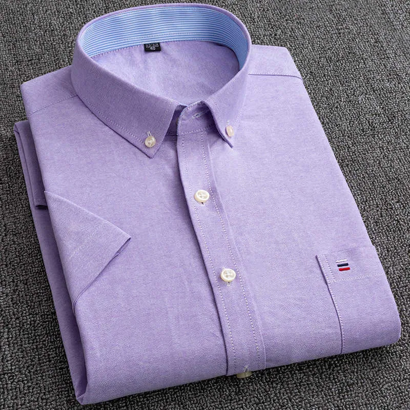 Summer 100% Cotton Oxford Shirt Mens Short Sleeve Pocket Soft Comfortable Regular Fit Business Casual Purple Dress Shirts Men 210809