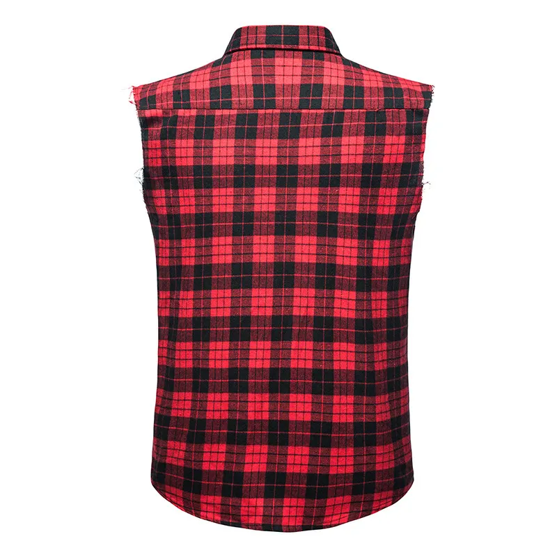 Red Plaid Shirts Men Summer Brand Casual Sleeveless Mens Shirt Double Cowboy Pocket Camisas Breathable Oversize Vest 210524