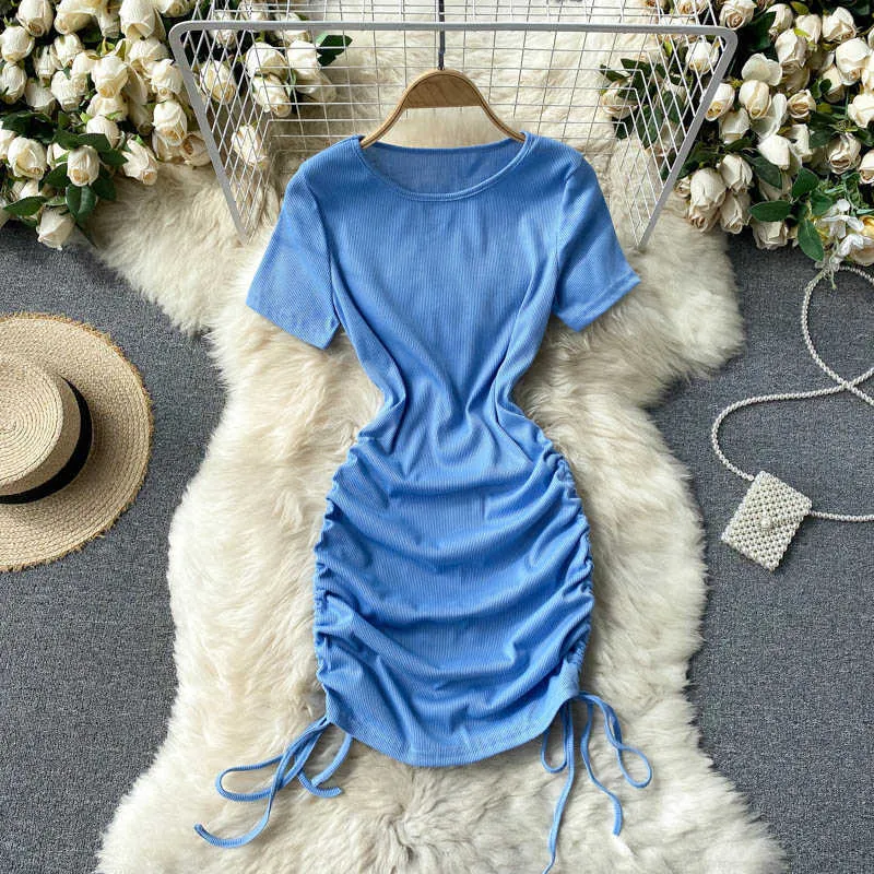 Mini robe moulante froncée avec cordon de serrage, couleur unie, côtelée, manches courtes, coupe ajustée, t-shirt pour femmes, streetwear d'été 210603