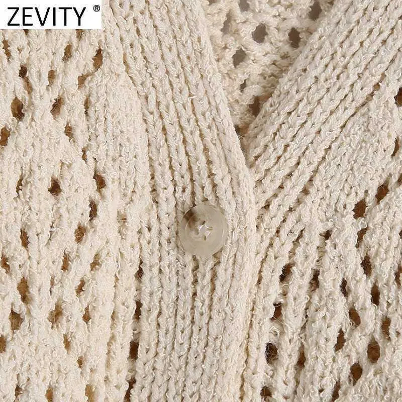 ZEVITY Frauen Vintage Jacquard Mesh Tuch Häkeln Stricken Kurze Pullover Weibliche V-ausschnitt Puff Sleeve Casual Pullover Tops SW813 210603