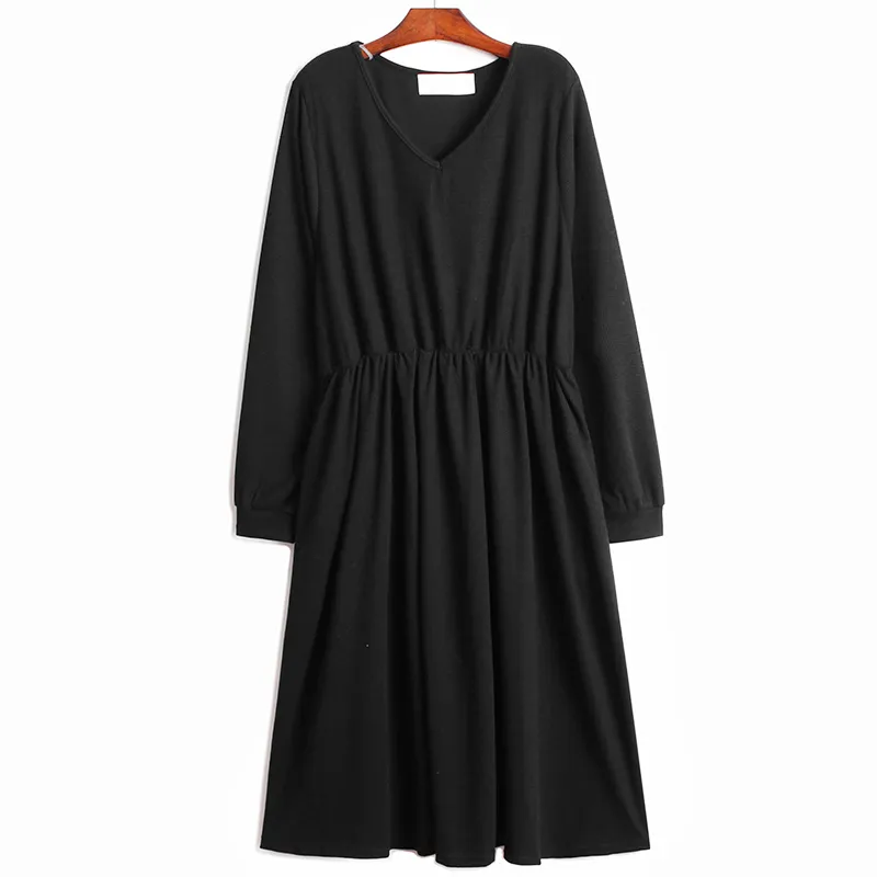 [EAM] Women Black Big Size Pleated Pocket Dress V-Neck Long Sleeve Loose Fit Fashion Spring Autumn 1DD6166 210512