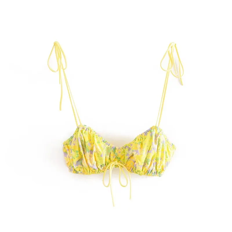 Rétro Feuilles Vertes Imprimer Noeud Papillon Laçage Sangle Soutien-Gorge Crop Top Sexy Femmes Jaune Midi Jupe Longue Vacances Débardeurs 2 Pièces Ensemble 210429