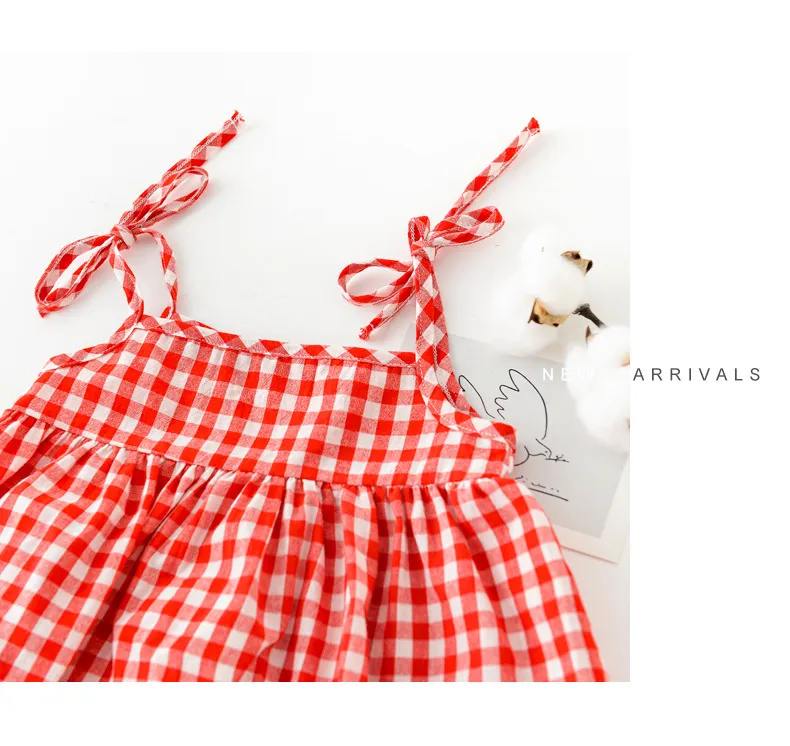 summer baby girl plaid sling skirt romper three-piece set with hair band clothes 210515