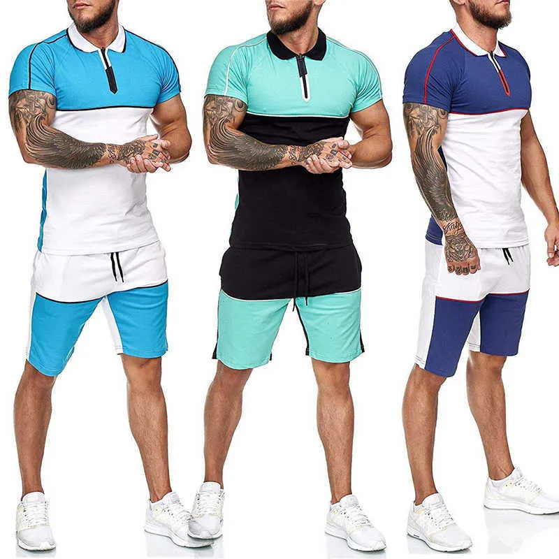 Pantaloncini casual da uomo estivi Set di polo con giunzioni abbinate a colori Camicia a maniche corte da uomo Tuta da uomo Pantaloncini sportivi Tuta da uomo X0909