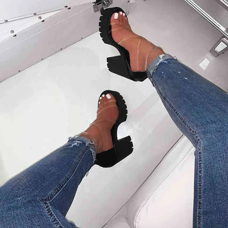 Sandals TELOTUNY sandals Women's Chunky Heels Transparent Zippered Waterproof Platform High heels New Summer Rome Shoes 220121