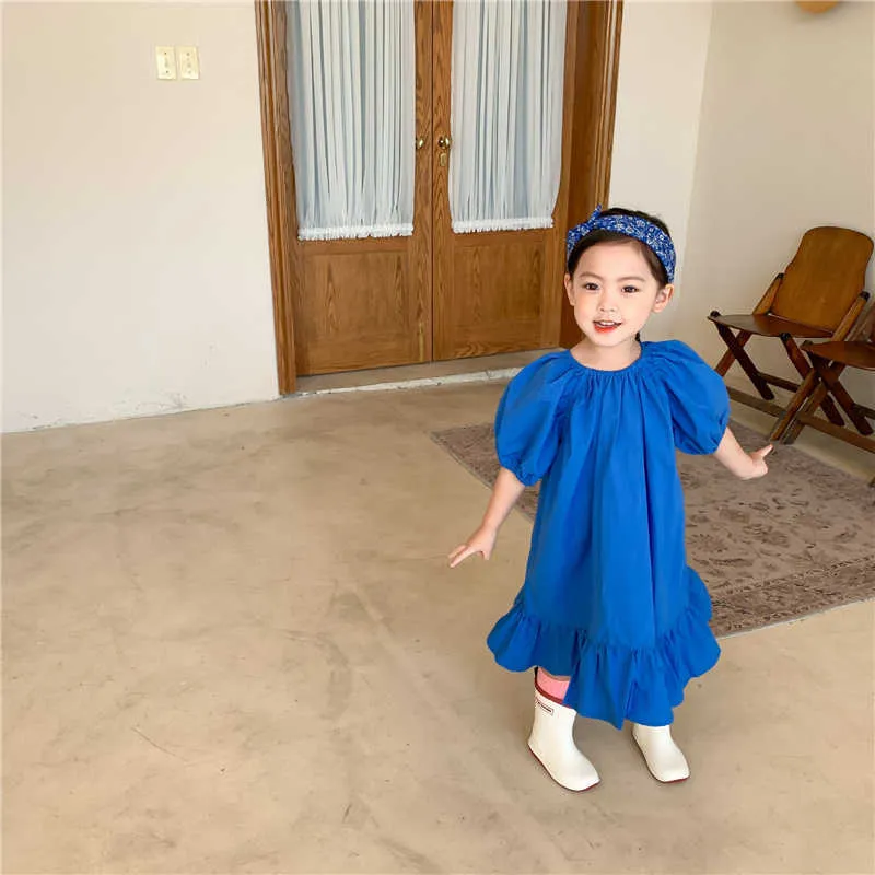 Mode d'été filles bleu robes décontractées style coréen volants enfants doux lâche longue robe de style 1-6Y Q0716