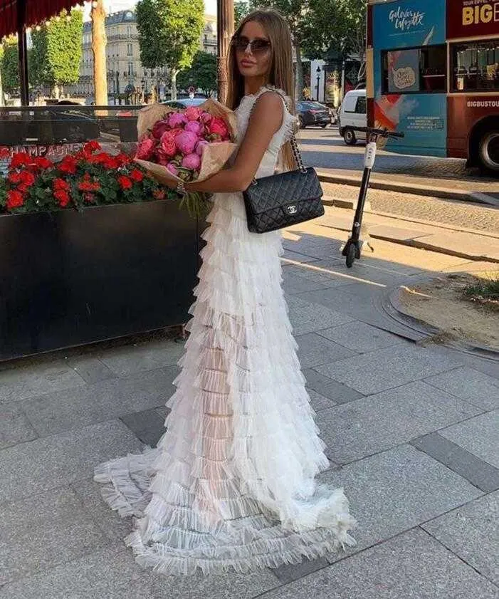 Maxi abito da donna sexy di lusso in maglia di pizzo bianco da donna, da sera, vestido 210527