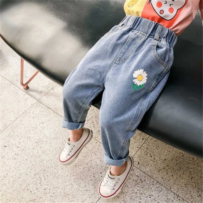 Vår Höst Barn Tecknad Blomma Casual Denim Byxor 2-6 år Unisex Kids All-Match Loose Jeans 210615