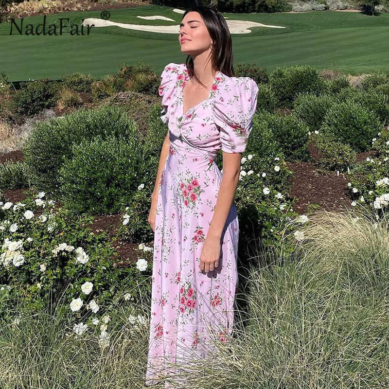 Nadafair Puff Sleeve Midi Dress Square Neck Elegant Party Pink Boho Holiday Casual Floral Summer Dress 2021 Women Y1006