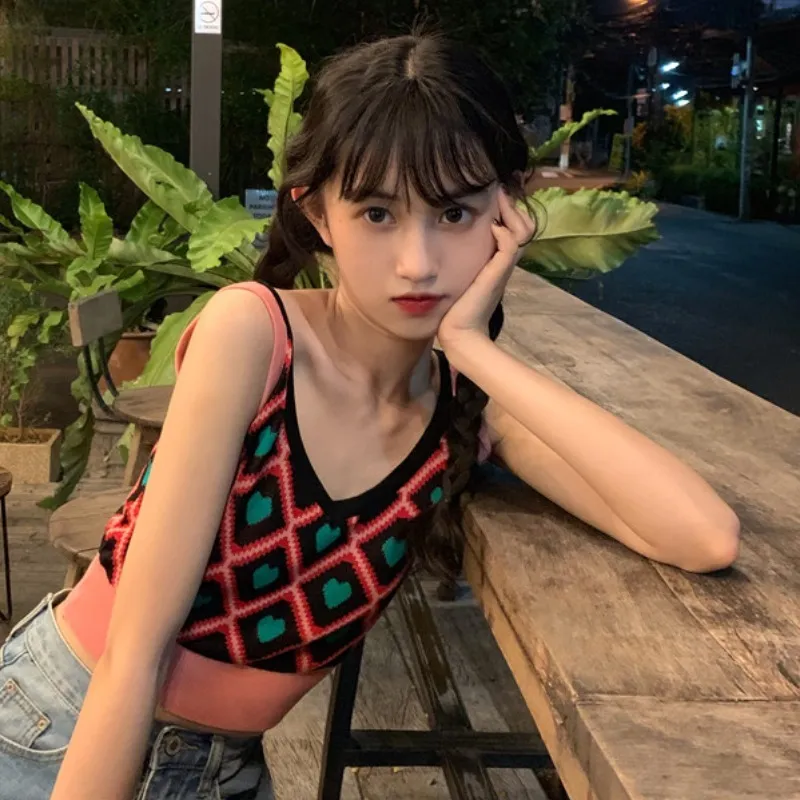 Korobov nouveau femmes débardeur coréen Hit couleur rayé Plaid tricoté gilet Sexy col en V sans manches été Streetwear Camis 210430