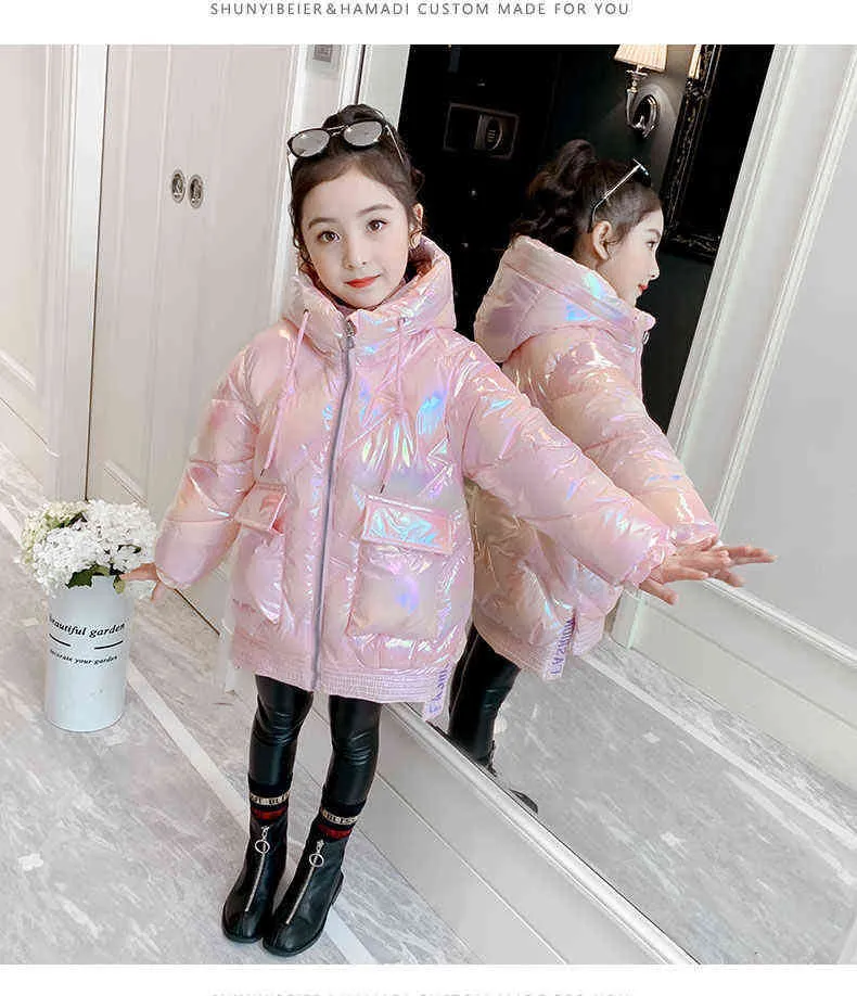 Girls Coats Winter Bright Waterproof Padded Jacket Kids Down Cotton Thick Warm Outwear Children Clothing 6 8 12 Year 211222