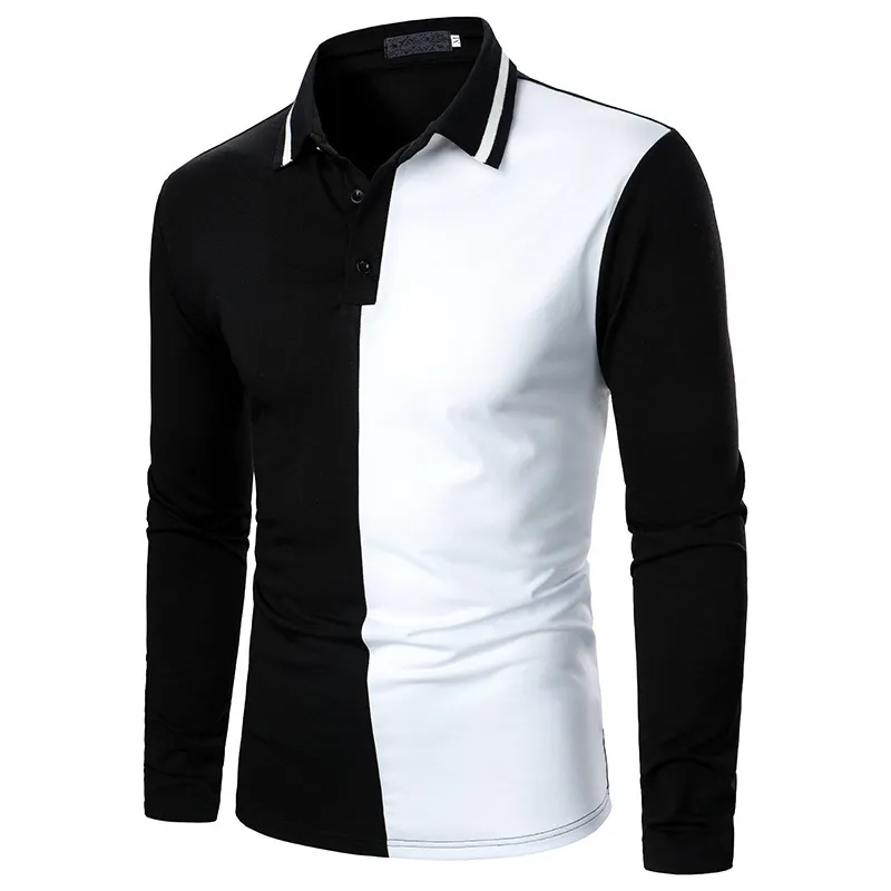 Zwart-wit Contrast Polo Shirts Mannen Lange Mouwen Casual Heren T-shirt Slank Ademend Polo Para Hombre Patchwork ColorBlock 210524