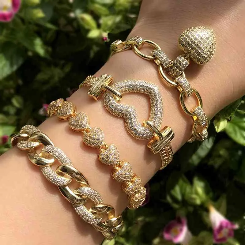 Couleur or de luxe pour les femmes pendentif coeur zircone cubique pierre Punk s bracelets Boho chaîne cubaine Bracelet bijoux